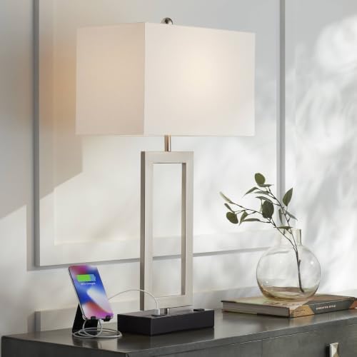 Todd 30" Large Table Lamp USB Brushed Nickel AC Power Outlet Modern | Hotel Charging Ports Living Room Bedroom House Bedside Nightstand Home Office Family Rectangle White Shade
