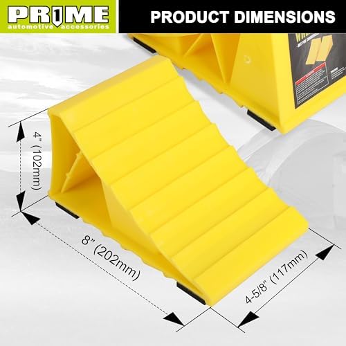 PR1ME Wheel Chocks with Non-Slip Base for RV & Trailer. 2 Pack Heavy Duty Wheel Chock with Bright Yellow. Lightweight Wheel Stoppers for Cars Camper