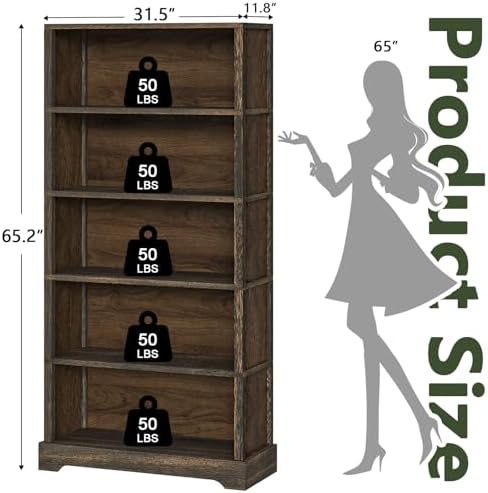TVU 5 Tiers Wooden Bookshelf, 65.2" Tall Farmhouse Style Open Bookcase, 31.5" Wide Standing Book Shelf with Storage for Study Room, Living Room