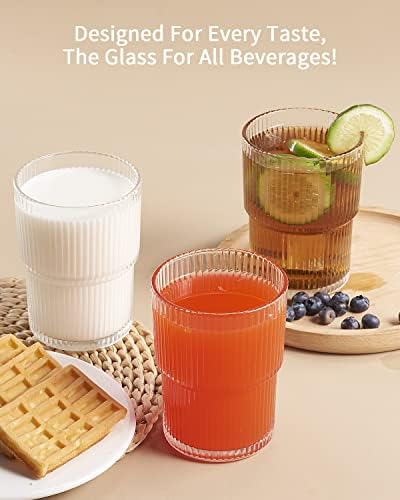 6PCS Ribbed Drinking Glasses, 14Oz Stackable Glass Cup Set for Bar & Kitchen | Fluted Designed