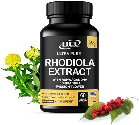 Rhodiola Rosea Supplement High Potency Extract 500mg - 3% Rosavins 1% Salidrosides with Ashwagandha Shisandra Passion Flower Herb Powder Capsules