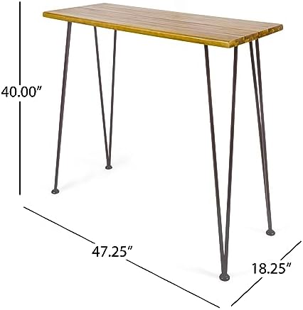 Christopher Knight Home Denali Ouotdoor Industrial Acacia Wood Bar Table with Iron Frame, Teak Finish / Rustic Metal