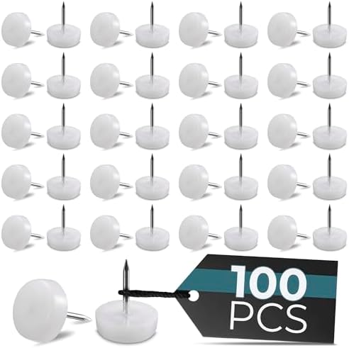 100 Pcs Nail in Furniture Glides, 0.8"x0.7" (20.3 x 17.8mm), Nylon (White) | Furniture Feet for Hardwood Floor, Steel Nail Hold Stays Put