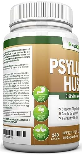 NutriONN Psyllium Husk Capsules - 1450mg - 240 Capsules - Made in USA - Double Strength - Premium Psyllium Fiber Supplement - Great for Digestion