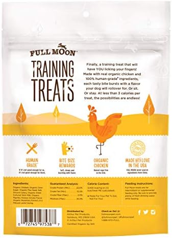 Full Moon USDA Organic Chicken Training Treats Healthy All Natural Dog Treats Human Grade 175 Treats 6 Ounce (Pack of 1) | Organic Chicken, Human Grade, No corn, No wheat, No soy, Glycerin Free, Made in the USA