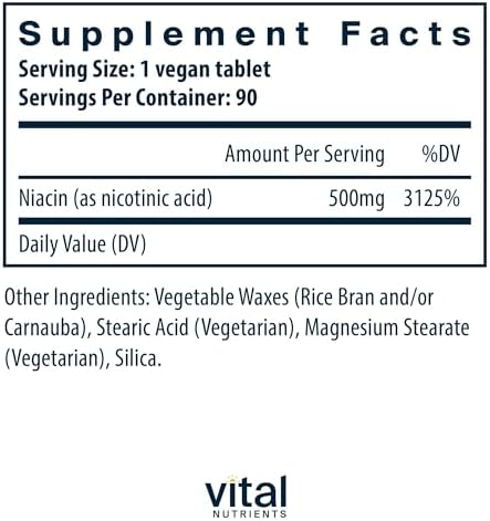 Vital Nutrients Niacin 500mg - Timed-Release Niacin Supplement for Men & Women - Vitamin B3 Supports Heart Health and Protein & Fat Metabolism