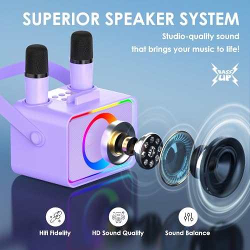 Karaoke Machine for Kids Adults,Portable Bluetooth Speaker with 2 Wireless Microphone with LED Lights, Karaoke Microphone with PA System Supports USB/TF/AUX,Gift for Party (Black)