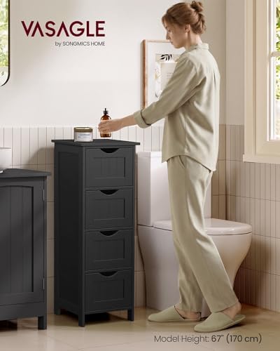 VASAGLE Floor Storage Cabinet, Freestanding Storage Organizer with 4 Drawers, 11.8 x 11.8 x 32.3 Inches, for Living Room, Bathroom, Dining Room, Kitchen, Modern Style, Cloud White ULHC040WH01S