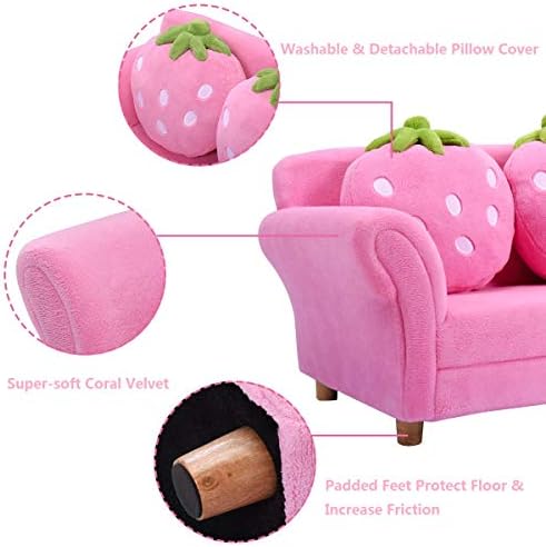 Costzon Kids Couch, Double Seat Pink Children's Sofa with 2 Strawberry Pillows, Toddler Armrest Chair for Bedroom, Living Room
