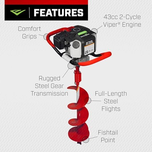 Earthquake E43 1-Person Earth Auger Powerhead, 43cc 2-Cycle Viper Engine, 30:1 Transmission, 5 Year Limited Warranty, Red or Black Auger Bit
