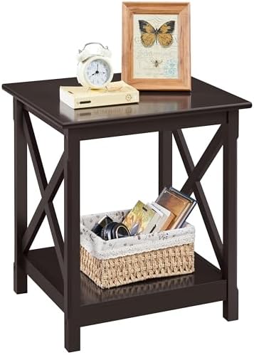 Yaheetech X-Side Frame End Table with 2-Tier Storage Shelf, Espresso