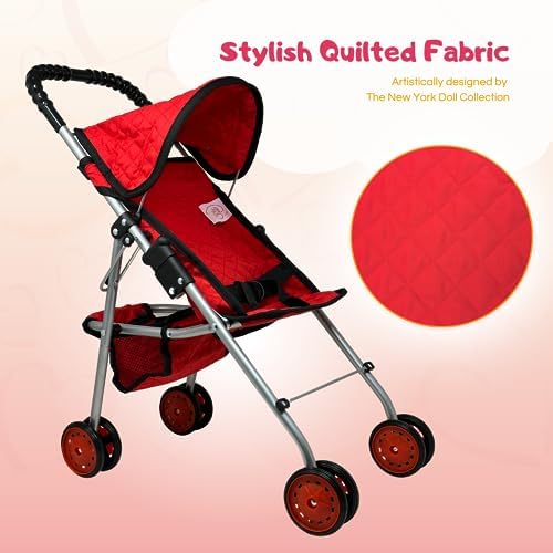 The New York Doll Collection My First Doll Stroller with Basket & Heart Design Foldable Doll Stroller, Pink