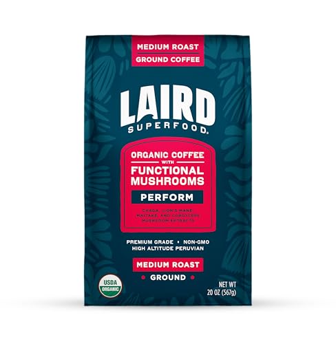 Laird Superfood Peruvian Dark Roast Coffee with Functional Mushrooms, Certified Organic Peruvian Ground Coffee Beans, Gluten-Free, Dairy-Free, Non-GMO
