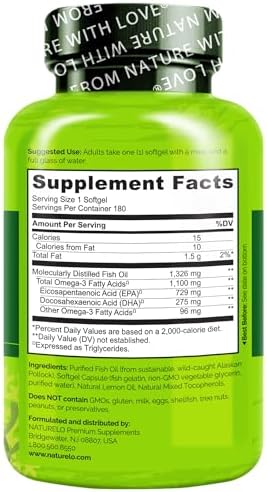 NATURELO Burpless Omega 3 Fish Oil Supplement, 1100mg, 60 Softgels | Triglyceride omega-3, omega 3 DHA EPA, liquid fish oil, 2 months supply