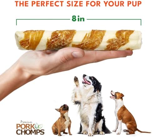 Pork Chomps Rawhide Free Pork Skin Dog Chews, Chicken Wrap, 8in Rolls, 2ct