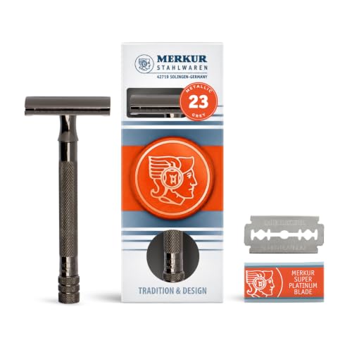 MERKUR 23C Double Edge Safety Razor - Polished Chrome, Long Knurled Brass Handle, Made in Germany, Plastic-Free, Three Piece Design, Closed Comb, Straight Bar