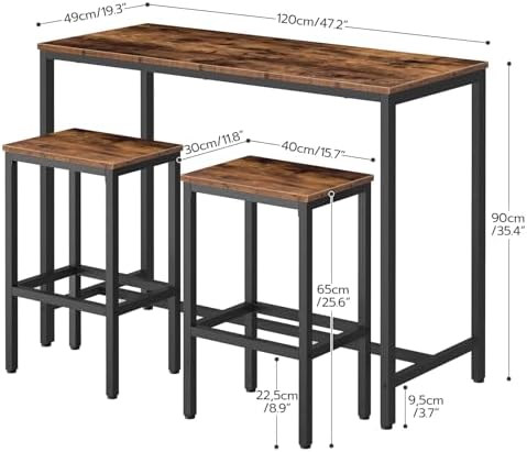 HOOBRO Bar Table and Chairs Set, 47.2” Rectangular Pub Table with 2 Stools for Small Space, 3-Piece Breakfast stools Set, Sturdy Metal Frame