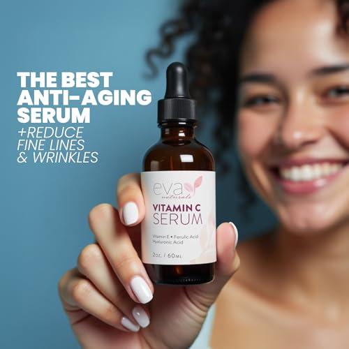 Eva Naturals Vitamin C Serum 20%, Hyaluronic & Ferulic Acid, 1 oz | Vitamin E, dark spots, acne, anti-aging, glow, even skin tone