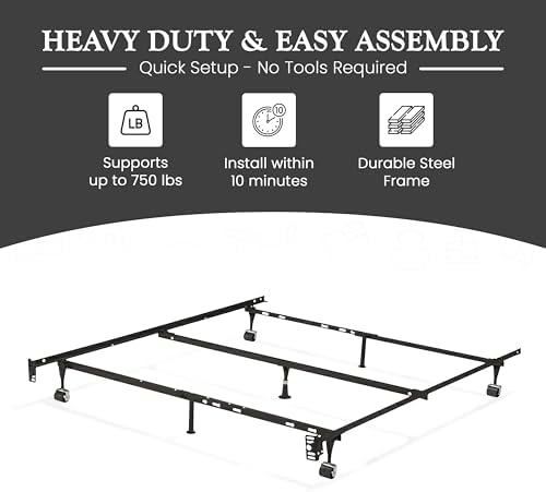 Kings Brand Furniture Queen Metal Bed Frame – Heavy Duty Support for Box Spring & Mattress Foundation with Center Rail, Locking Wheels