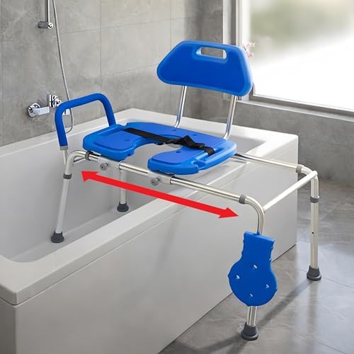 Sliding Shower Chair for Inside Tub Bench for Seniors, BathSeat for Elderly | Slide Safely In & Out of the Tub - Blue, padded seat, aluminum frame