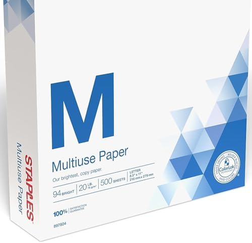 Staples Multipurpose Copy Paper, 8.5x11, 20lb, 94 Bright, 10 Reams/Carton | 5,000 white sheets total. Smooth finish reduces jams in copiers, laser & inkjet printers.
