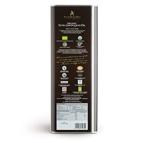 Atlas Organic Extra Virgin Olive Oil, Moroccan, High Polyphenol, 170 fl oz | Cold Pressed EVOO With High Smoke Point, Trusted By Award-Winning Chefs, One Family Farm, Polyphenol-Rich & Smooth Finish