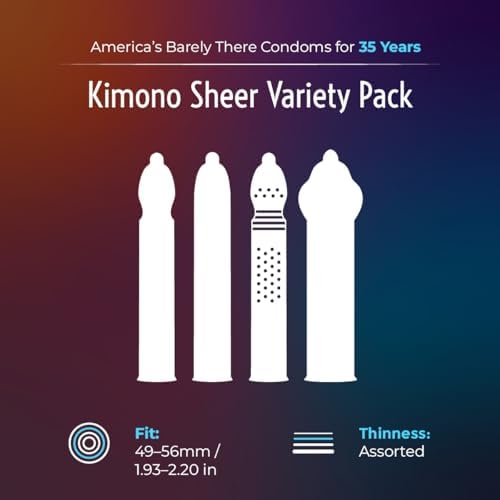 Kimono MicroThin Sheer Variety Pack of 12 - Multiple Styles of Ultrathin Condom Shapes, Unique Designs in One Pack, Natural Latex Condoms, Vegan-Friendly, No Latex Odor - Enhanced Sensitivity