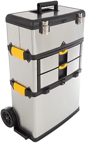 3-Part Portable Tool Box - Stainless-Steel Drawer Organizer with Wheels, Extendable Handle and Tough Latches - Rolling Tool Chest by Stalwart (Silver)