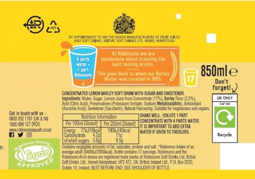 Robinsons Water Lemon Barley 850ml (Pack of 3)