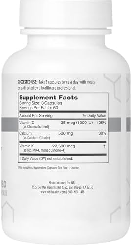 NBI Osteo-K Bone Support - Mini | Vitamin D & K Complex with Calcium Citrate Supplement | 45mg Vitamin K2 (MK4) for Strong Bone Health & Function | 120ct Veggie Capsules
