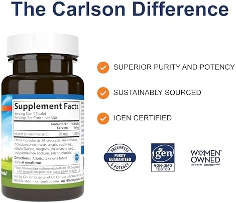 Carlson Niacin, 50 mg, Cholesterol Metabolism, Nerve Function, 300 Tablets | Energy Production