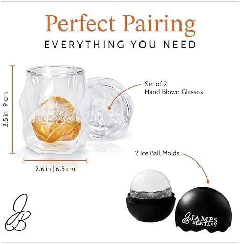 JAMES BENTLEY JB Whiskey Glasses, Set of 2 + 2 Slow-Melting Ice Ball Molds | Hand-blown insulated 6oz double-wall borosilicate glass, bourbon