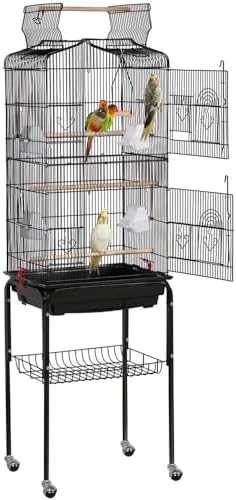 Yaheetech 64'' Open Top Bird Cage for Parakeets & Cockatiels, Black | Detachable Rolling Stand, Easy-clean Slide Tray, Multi-door Access, 3/8" Bar Spacing, Indoor/Outdoor Use