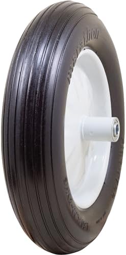 Marathon 4.80/4.00-8" Flat Free Wheelbarrow Tire on Wheel, 6" Centered Hub, 5/8" Ball Bearings, Ribbed Tread
