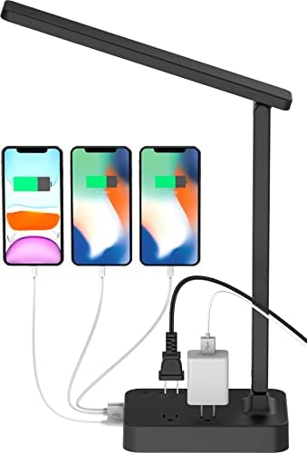 Drevet LED Desk Lamp for College Dorm Room, Desk Light with 1 USB Charging Port 2 AC Power Outlet, 3 Lighting Modes, 3 Level Brightness Touch Lamp