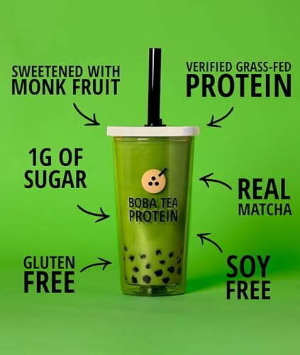 Boba Tea Protein Matcha Latte | 25g Grass-Fed Whey Protein Isolate Powder | Gluten-Free & Soy-Free Bubble Tea Protein Drink | Real Ingredients &