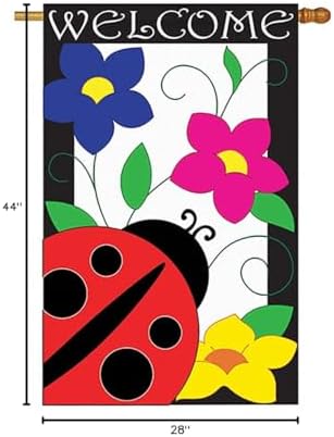 Two Group - Spring Ladybug Garden Friends - Everyday Bugs & Frogs Applique Decorative Vertical House Flag 28" x 44"