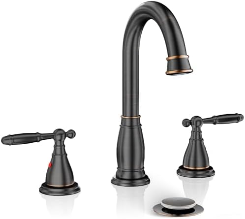 2-Handle 8 Inch 3 Hole Oil Rubbed Bronze Widespread Bathroom Faucets, with Valve and Metal Pop-Up Drain, WF017-4-ORB