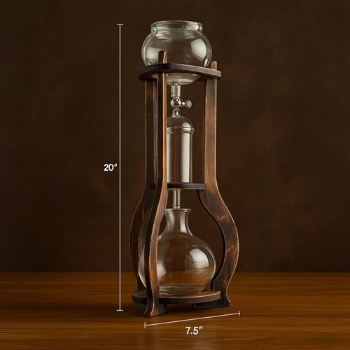 Nispira Iced Coffee Cold Brew Drip Tower Coffee Maker, 6–8 Cup Manual Cold Brew Brewer with Adjustable Valve, Wooden Frame & Glassware, Slow Cold Extraction System
