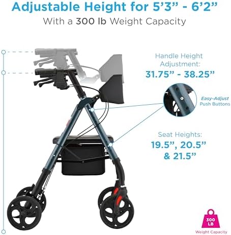 NOVA Star 8 Foldable Rollator Walker for Seniors (5'3"–6'2"), Wide Padded Backrest with Seat, 8” All-Terrain Wheels, Easy-Grip Locking Hand Brakes, Height Adjustable, Sky Blue