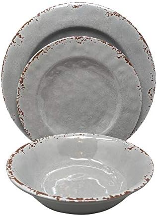 Gianna's Home 12 Piece Rustic Farmhouse Melamine Dinnerware Set, Service for 4 (Gray)