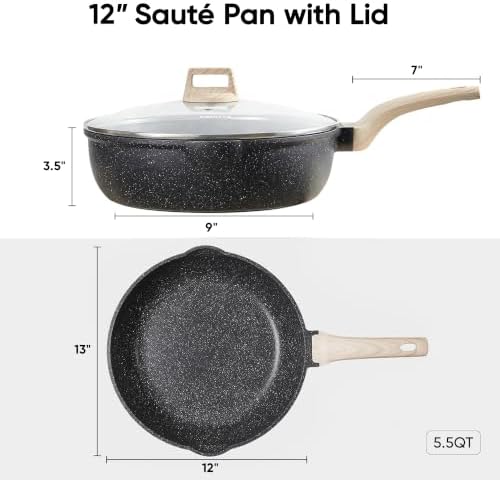 CAROTE 12 Inch Nonstick Deep Frying Pan with Lid, 5.5 Qt Black Granite | Kitchen Non-Toxic PFOA Free Cookware, Covered Sauté Pans All Stovetops Compatible, Easy to Clean