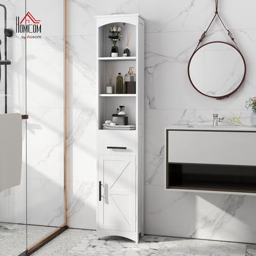 HOMCOM Tall Bathroom Storage Cabinet, Farmhouse Bathroom Cabinet, White | Narrow, Recessed Drawer, Barn Door