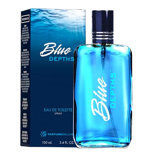 PB ParfumsBelcam Blue Depths Eau de Toilette Fragrance Spray - 3.4 Fl Oz. Fresh Aquatic Cologne for Men with Crisp Citrus, Warm Musk & Amber Scent