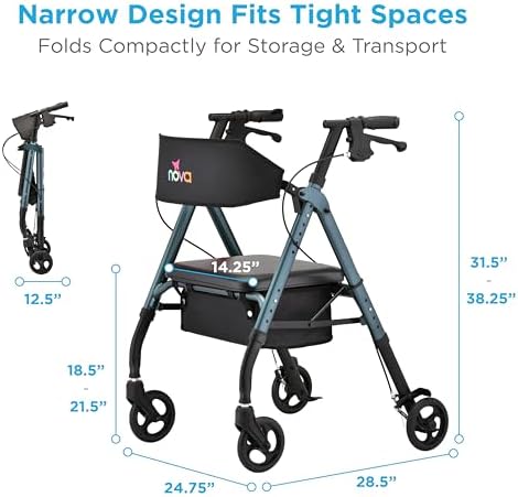 NOVA Star 6 Foldable Rollator Walker for Seniors, Wide Padded Backrest with Seat, 6” All-Terrain Wheels, Easy-Grip Locking Hand Brakes, Height Adjustable, Blue
