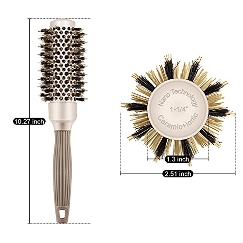 BANGMENG Round Brush with Boar Bristles, 1 inch Barrel, Nano Thermal Ceramic Ionic Tech for Straightening and Blow Drying, Gold