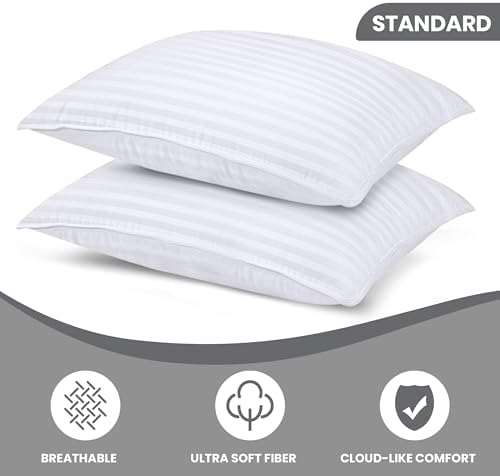 Utopia Bedding Hotel Bed Pillows for Sleeping, Pillows King Size Set of 2 | Down alternative pillows, cooling hotel quality, luxury comfort for back, side & stomach sleepers, Premium Stripes, White