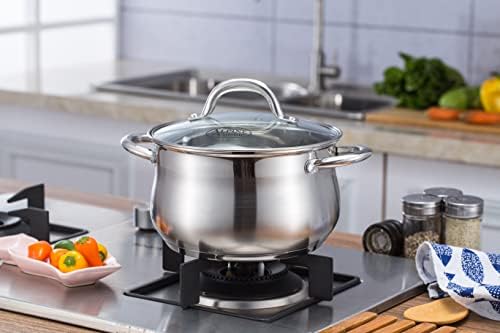 Alpine Cuisine 2-Quart Stainless Steel Dutch Oven with Tempered Glass Lid, Belly Shape, Heavy Duty & Dishwasher Safe