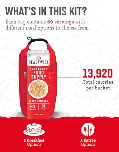 ReadyWise 7 Day Emergency Food Supply – 60 Servings Grab Bag, Camping Essentials, Freeze Dried Survival Food Kit & Dehydrated Meals