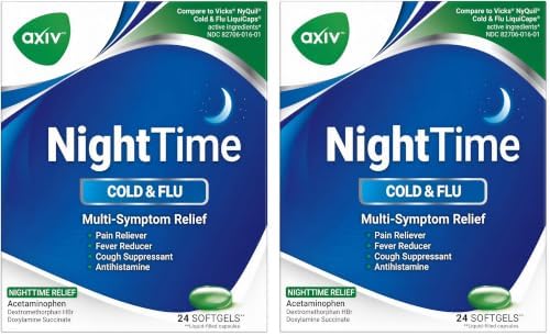 AXIV Nighttime Cold & Flu Relief Softgels, Multi-Symptom Nighttime Relief for Headache, Fever, Sore Throat, Minor Aches and Pains, Sneezing, Runny Nose, and Cough 24 Count